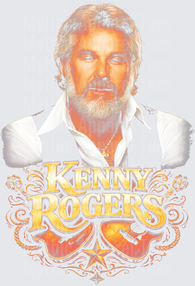 Kenny Rogers Portrait with Gold Ornate Logo Crossed Guitars and Star Graphic