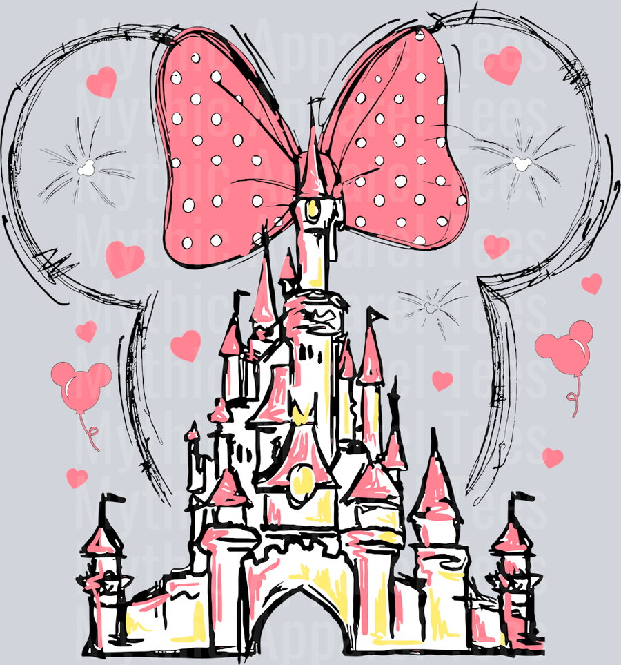 Peach and dot bow with yellow and pink castle DTF Disney Castle Transfers