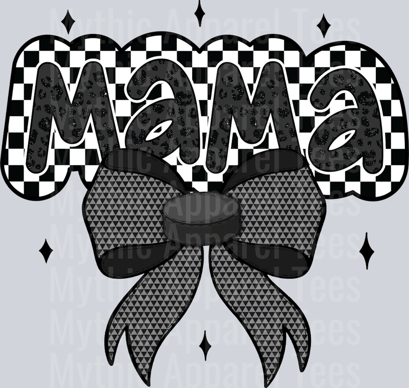 Hockey Mama with black puck pattern bow checkers and greys cute DTF Sports Transfers