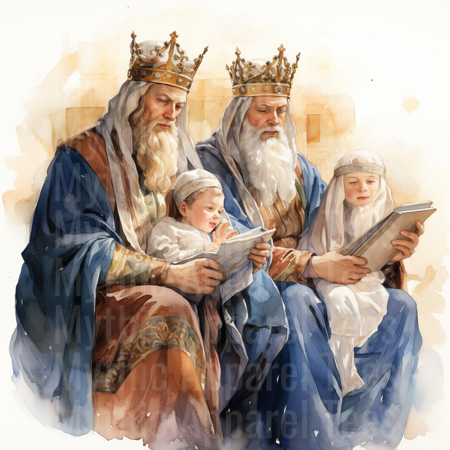 Nativity Wise Kings Reading Scripture with Children Watercolor