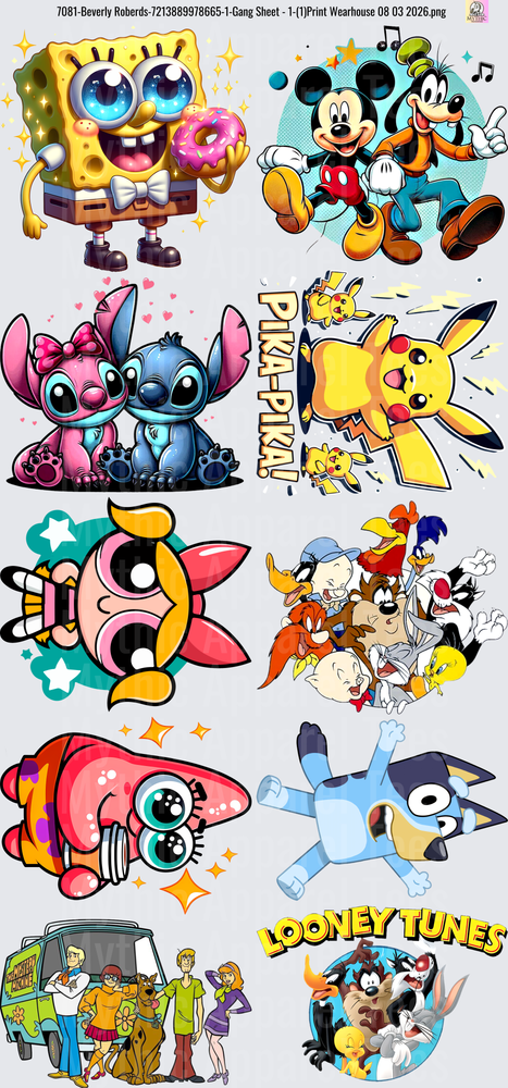 Gang Sheet FULL SIZE DESIGNS Nostalgic Cartoon Characters Collection SpongeBob Mickey Stitch Pikachu Powerpuff Looney Tunes Scooby Doo