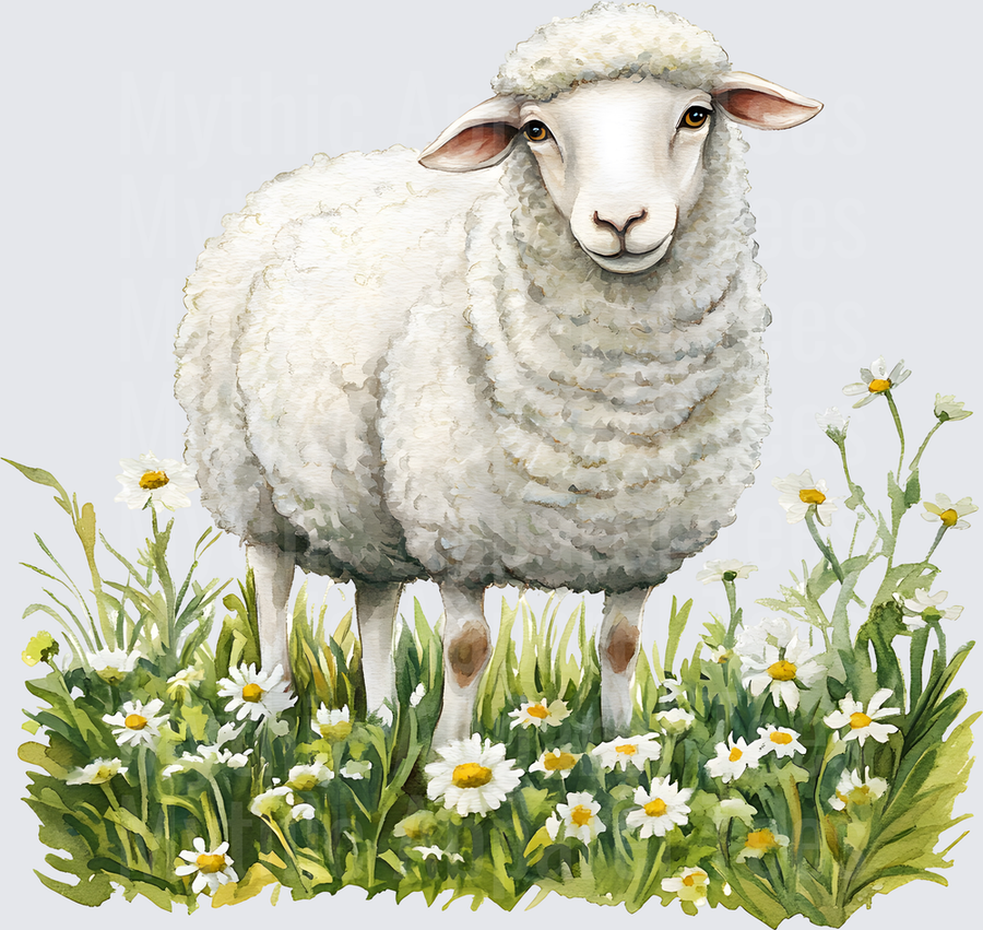 Farm Life and Farm Animals Watercolor Sheep in Daisy Field