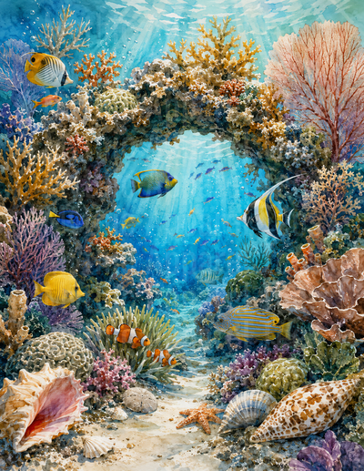 Ocean Animals Watercolor Coral Reef Arch with Tropical Fish