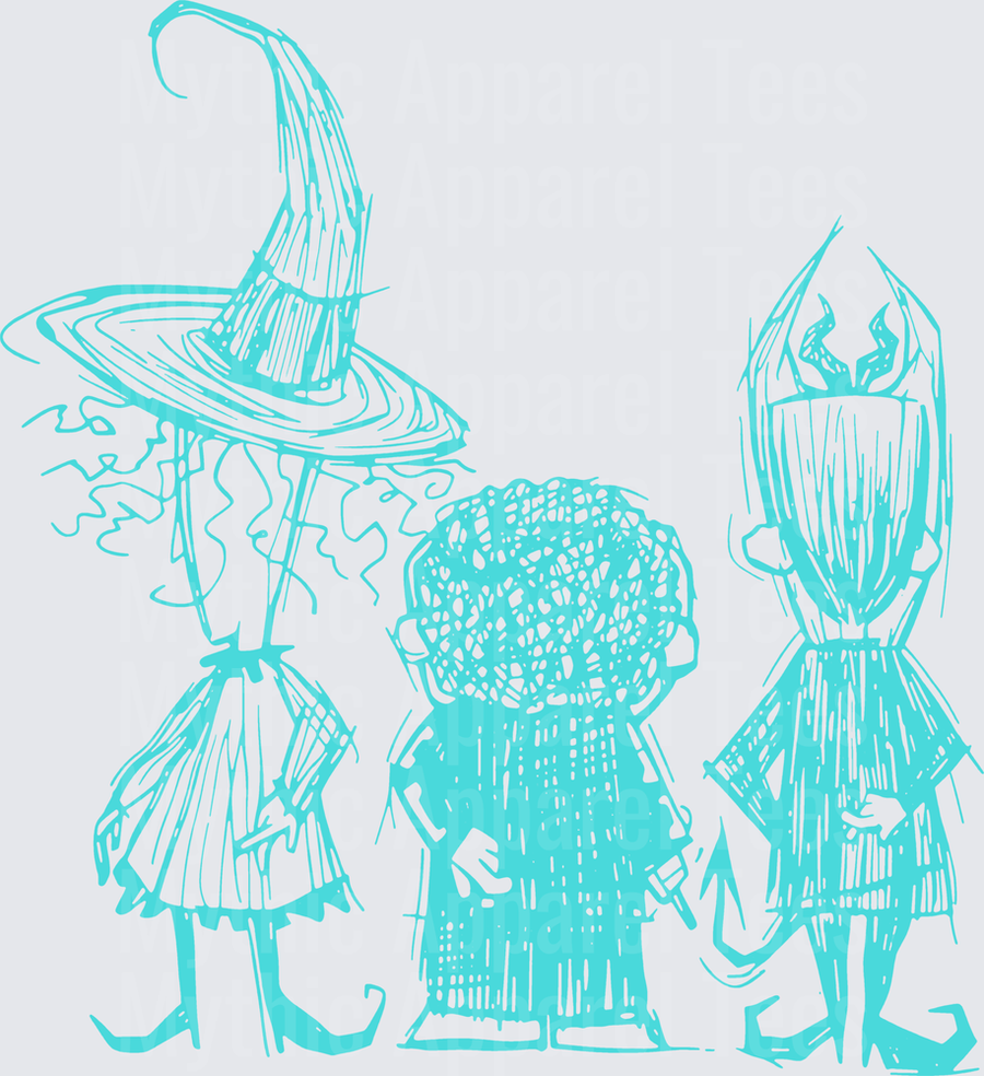 Spooky Trio Sketch Witch Hat Figure Curly Hair Kid and Masked Character Teal Line Art Halloween Group Illustration