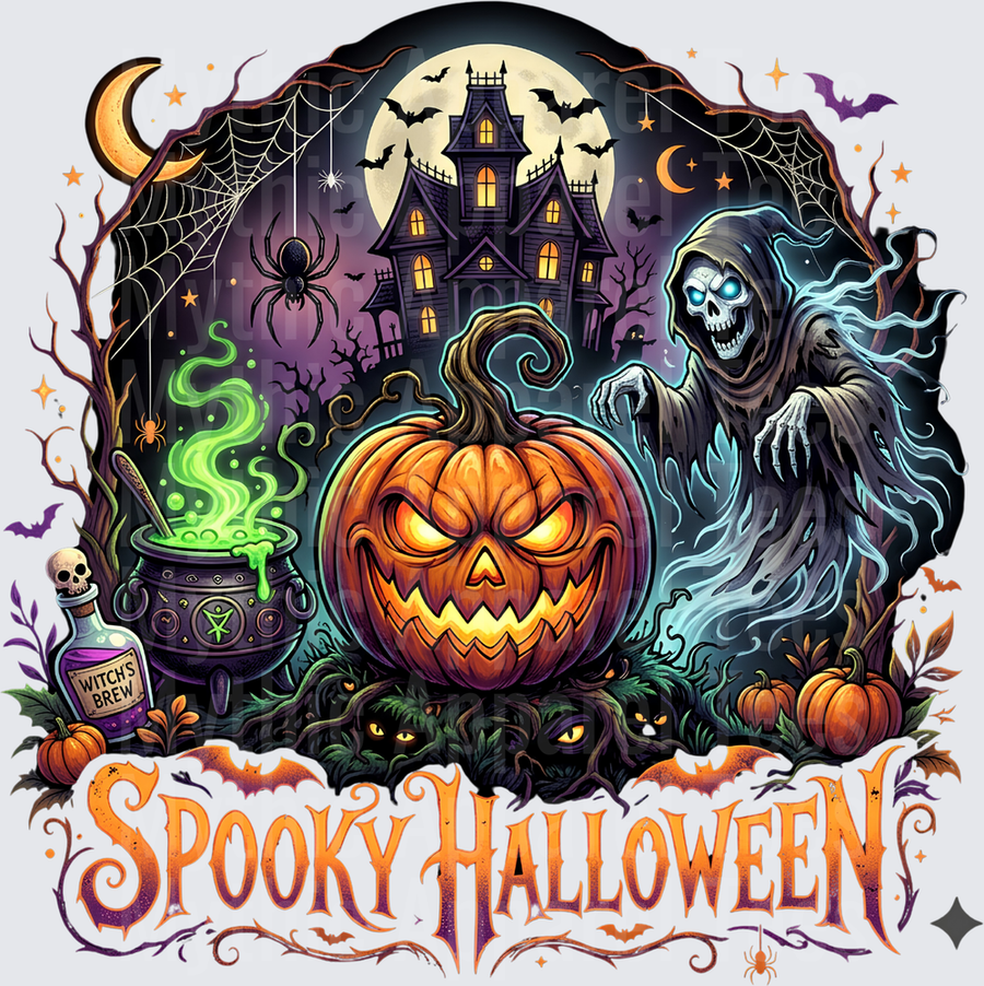 Spooky Halloween Glowing Jack-O-Lantern Grim Reaper Haunted House Witch's Brew Cauldron Full Moon Bats Spider Web