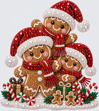 Sparkling Diamond Art Gingerbread Family with Santa Hats Scarves Candy Canes and Christmas Gifts