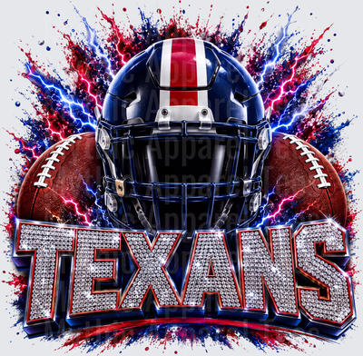 Rhinestone Style NFL Houston Texans Navy Blue Football Helmet with Dual Footballs Red Blue Lightning Bolt Paint Splash and Bedazzled Bling Text