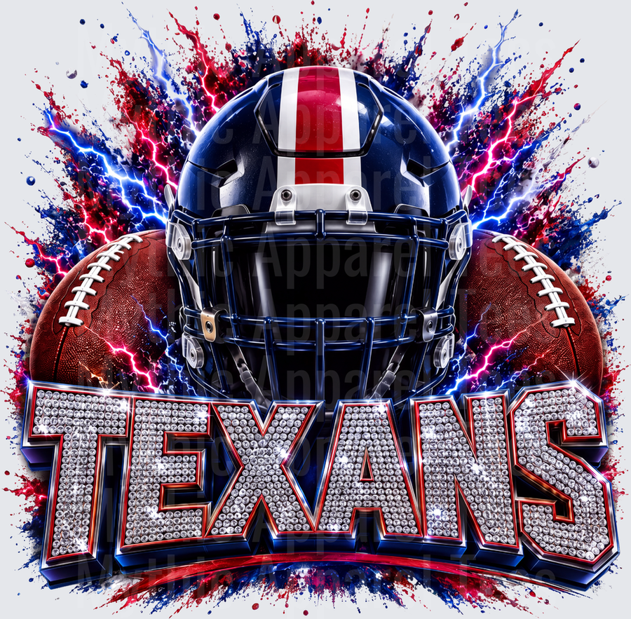 Rhinestone Style NFL Houston Texans Navy Blue Football Helmet with Dual Footballs Red Blue Lightning Bolt Paint Splash and Bedazzled Bling Text
