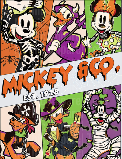 Mickey & Co Est 1928 Halloween Comic Panel Mickey Mouse Skeleton Minnie Mouse Donald Duck Devil Pluto Pirate Daisy Duck Witch Goofy Mummy