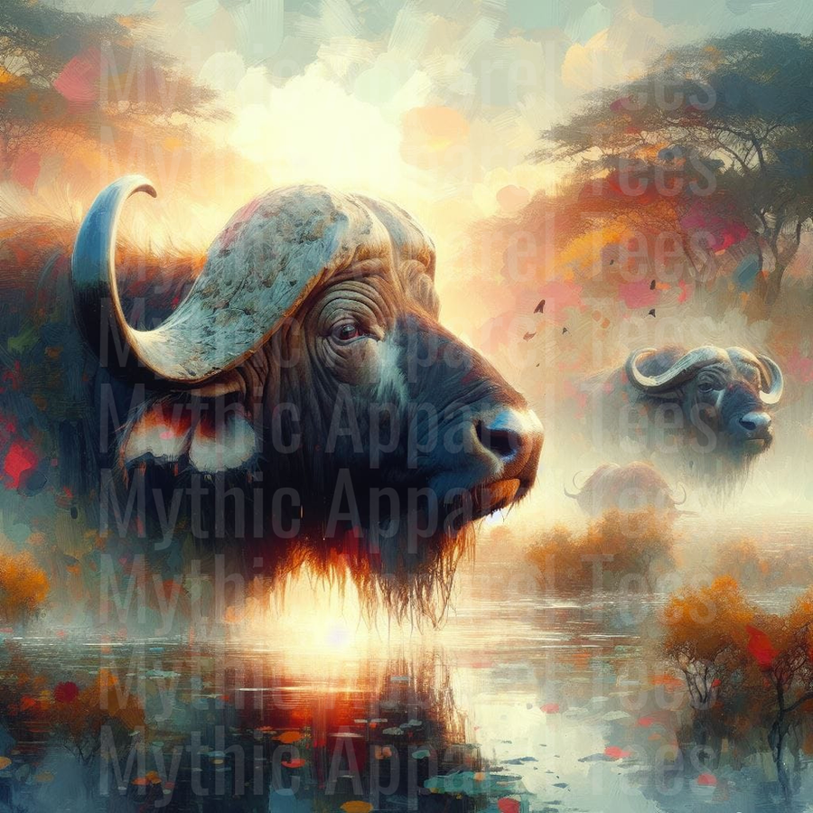 Majestic African Cape Buffalo Herd at Misty Sunrise Waterhole Painterly Fantasy Art