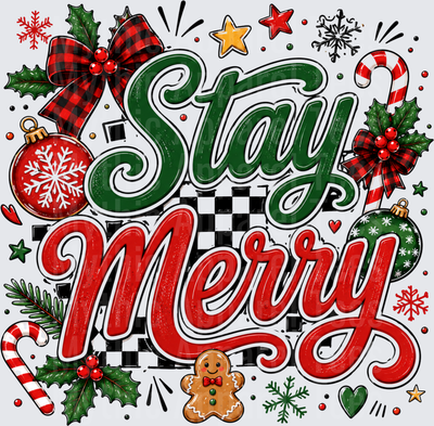 Stay Merry Christmas Holiday Script with Buffalo Plaid Bows Candy Canes Ornaments Gingerbread Man and Snowflakes