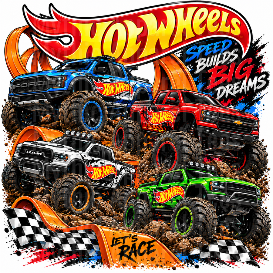 Hot Wheels Speed Builds Big Dreams Monster Truck Squad Ford Raptor Chevy Dodge RAM Let's Race Mud Bash with Orange Loop Track and Checkered Flags