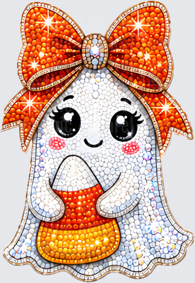 Halloween Bling Cute Ghost with Orange Bow and Candy Corn Rhinestone Diamond Art Design