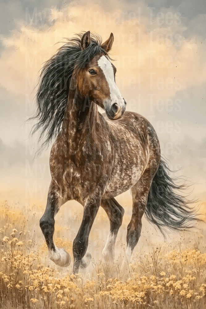 Wild Mustang Running Through Golden Wildflower Field with Flowing Black Mane and Dramatic Sky