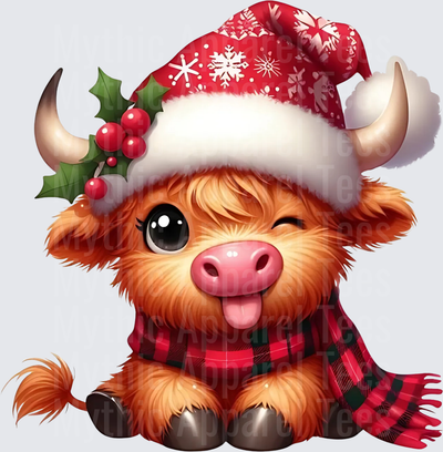 Highland Christmas Cow Winking Santa Hat Buffalo Plaid Scarf