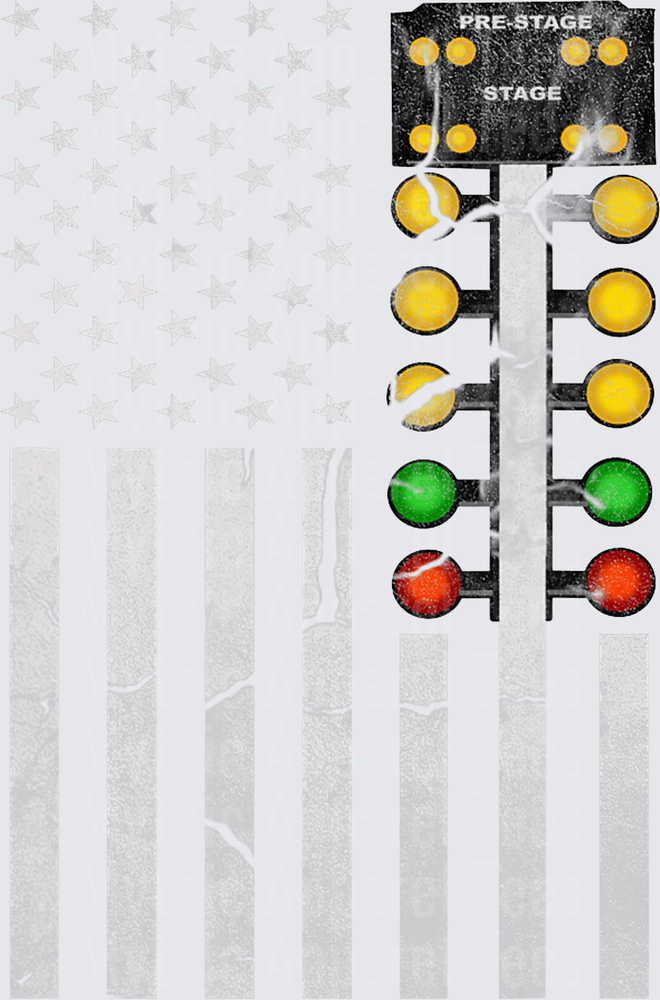 Drag Racing Christmas Tree Starter Light with American Flag Faded Background Pre-Stage Stage Green Red Yellow Bulbs