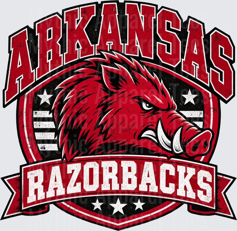 Football Arkansas Razorbacks Bold Shield Design with Fierce Red Razorback Hog Mascot Stars and Stripes