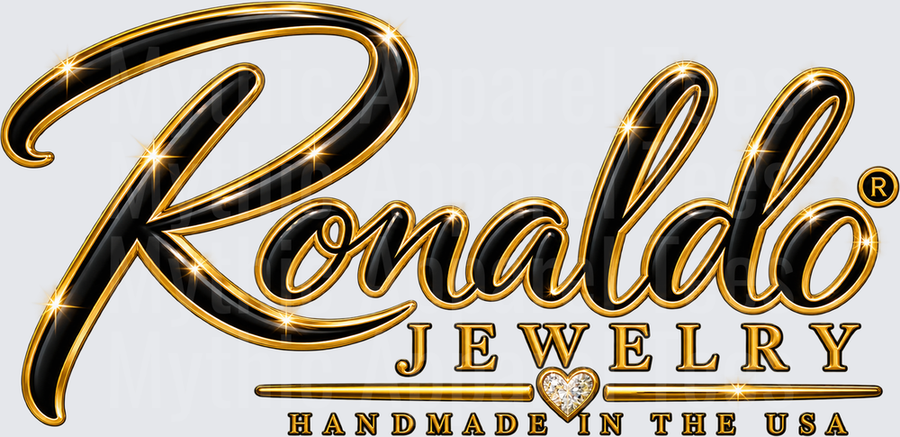 Ronaldo Jewelry Handmade in the USA Black and Gold Luxury Script Logo with Diamond Heart Accent and Sparkling Gold Lettering