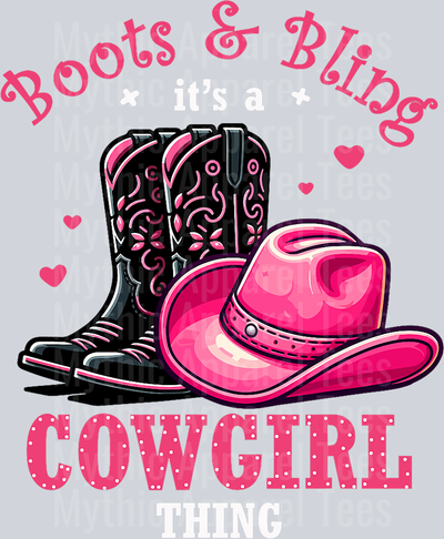 Boots and bling cowgirl black boots pink hat DTF Western Girl Transfers