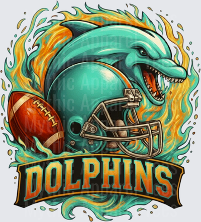 Fierce Flaming Dolphins Football Mascot Teal Helmet and Football Blaze Design