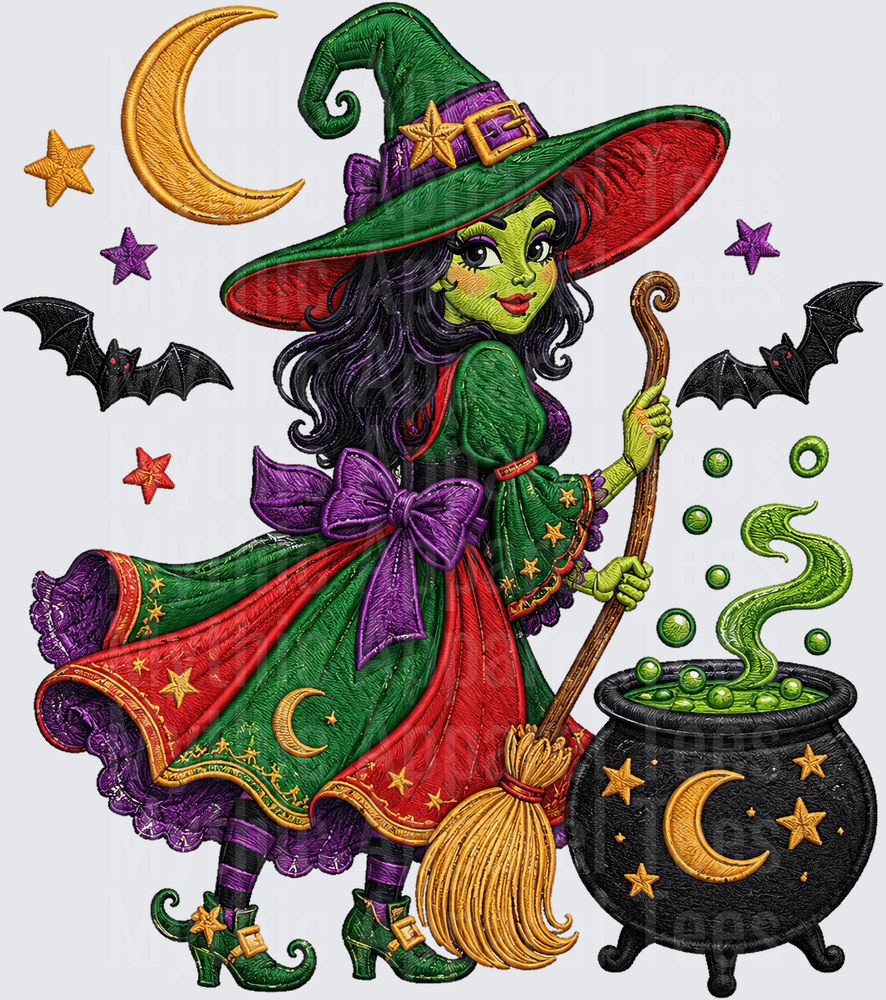 Halloween Embroidery Style Green Witch Cauldron Broom Bats