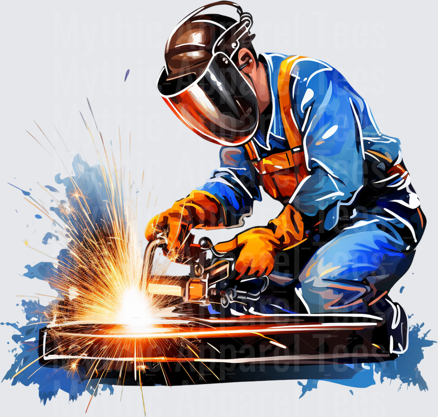 Welder In Blue Coveralls And Safety Helmet Welding Metal With Flying Sparks Watercolor Splash