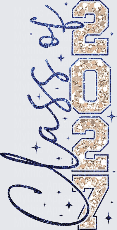 Class of 2027 Glitter Navy Blue Script and Varsity Letter Graduation Sparkle Star Design