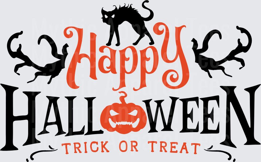 Happy Halloween Trick or Treat Black Cat Jack-O-Lantern Spooky Trees Orange and Black Typography Design