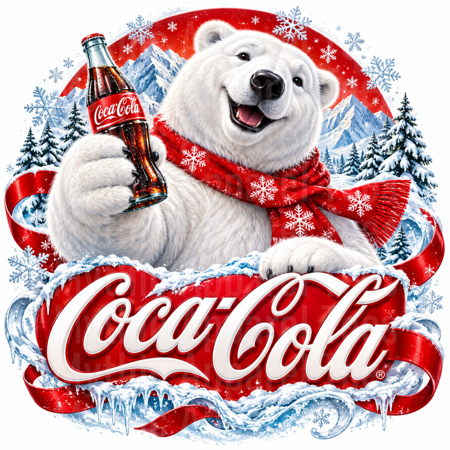 Coca-Cola Polar Bear Holding Classic Glass Bottle Winter Snowflake Scarf Snowy Mountain Christmas Scene