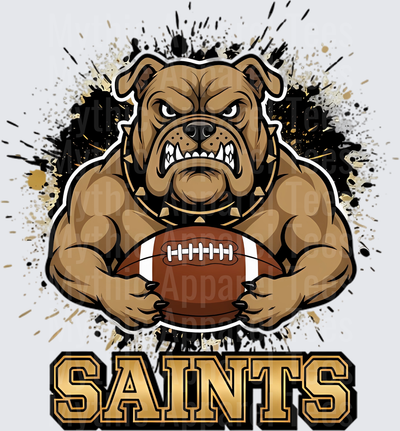 Fierce Bulldog Mascot Holding Football Black and Gold Paint Splatter Saints