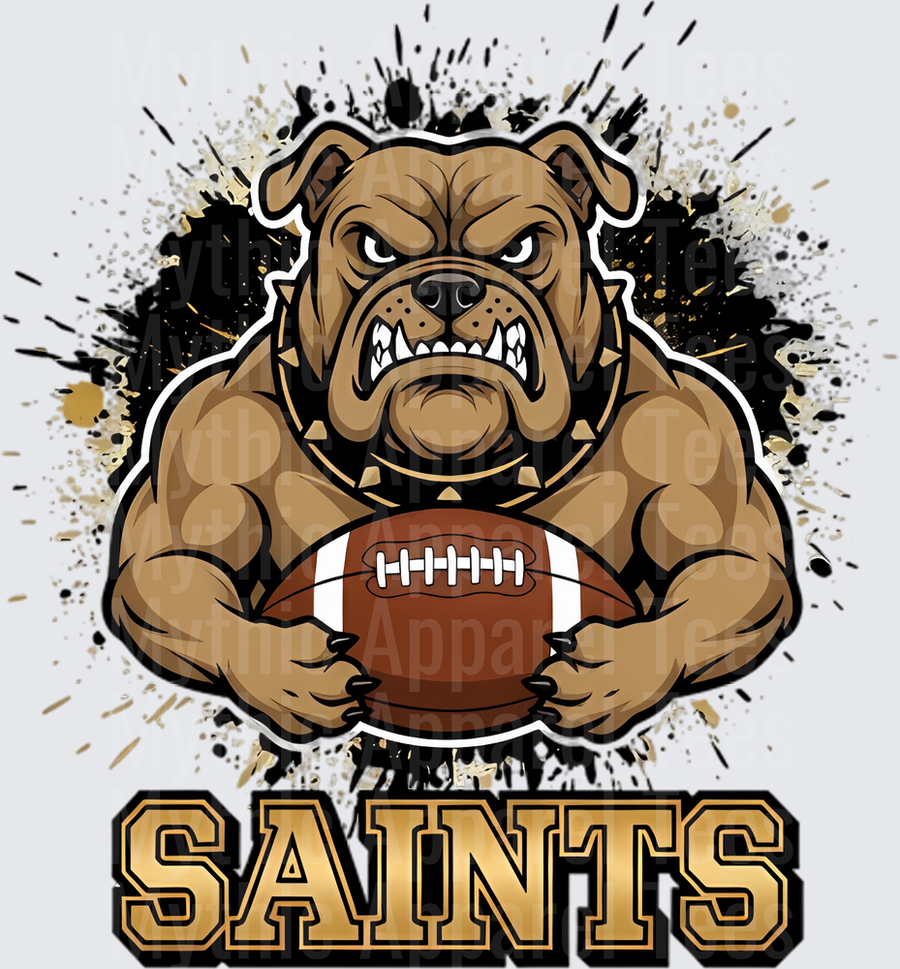 Fierce Bulldog Mascot Holding Football Black and Gold Paint Splatter Saints