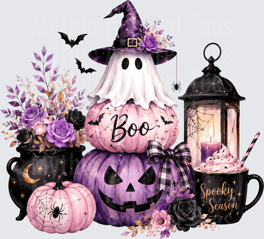Halloween Spooky Season Ghost Witch Pumpkin Stack Boo Scene