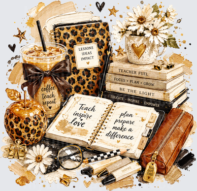 Leopard Print Teacher Aesthetic Coffee Teach Repeat Iced Coffee Planner Books Teach Inspire Love Floral Gold Desk Flatlay