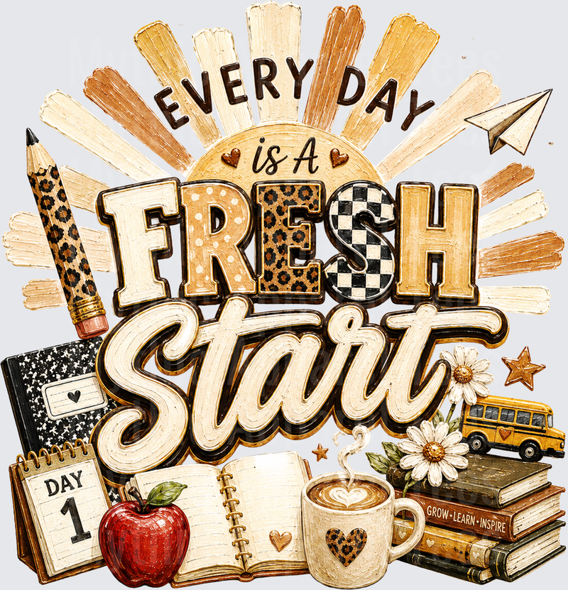 Every Day Is A Fresh Start Teacher Back To School Leopard Cheetah Print Sun Rays Pencil Apple Coffee Mug School Bus Books Day 1