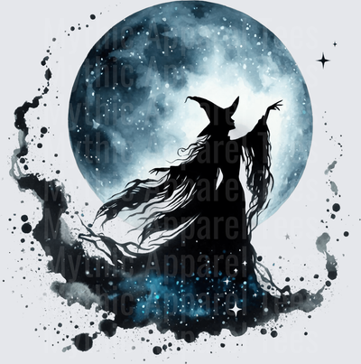 Halloween Gothic Witches Silhouette Casting Spells Full Moon Watercolor Ink Splash