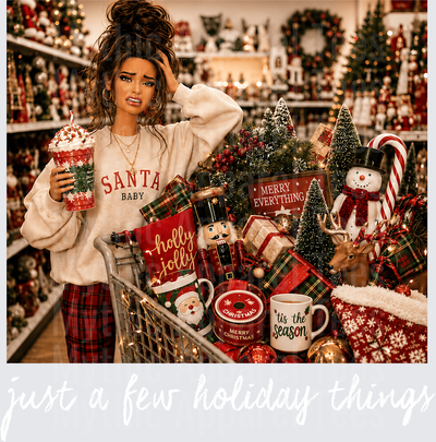 Christmas Doll Face Overwhelmed Holiday Shopper Girl in Santa Baby Sweatshirt with Overflowing Christmas Cart Full of Festive Decor Nutcracker Snowman and Seasonal Mugs