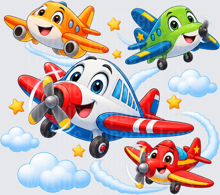 Cute Cartoon Airplane Squad Flying Through Clouds With Gold Stars Kids Four Happy Smiling Colorful Planes