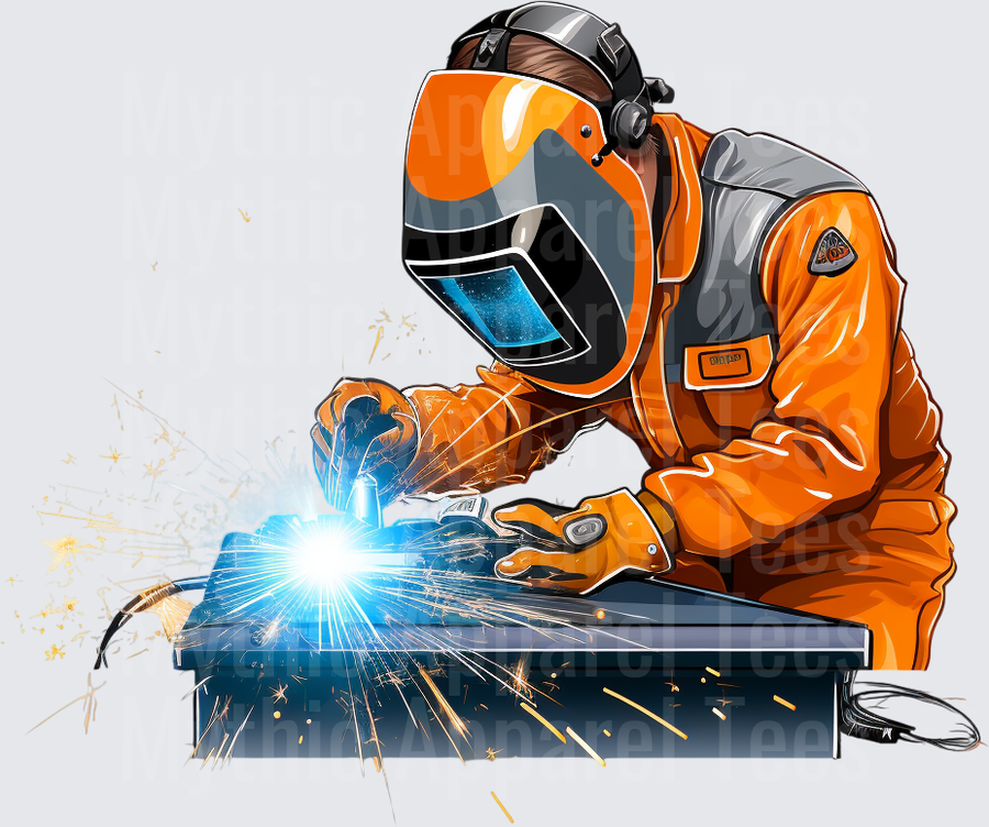 Welder in Orange Protective Suit and Auto-Darkening Helmet with Flying Sparks and Blue Arc Flash