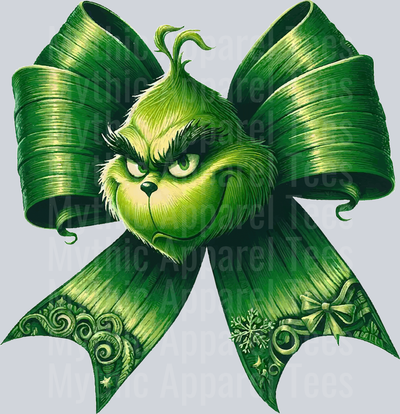 Grinch green bow with smiling grinch DTF Christmas Highland Cows Transfers