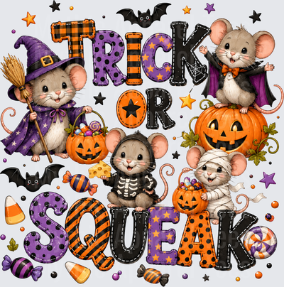 Trick Or Squeak Halloween Mice in Costumes Witch Vampire Skeleton Mummy Jack-O-Lantern Candy Pumpkin Design