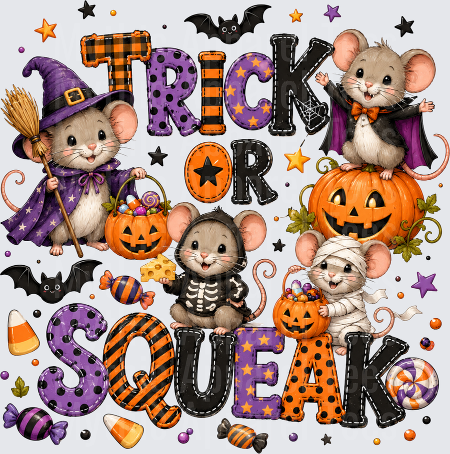 Trick Or Squeak Halloween Mice in Costumes Witch Vampire Skeleton Mummy Jack-O-Lantern Candy Pumpkin Design