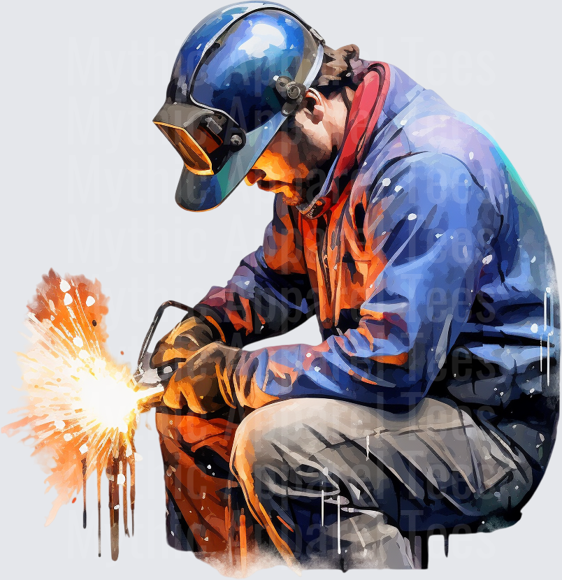Watercolor Welder With Welding Helmet Sparks Flying Blue Collar Tradesman