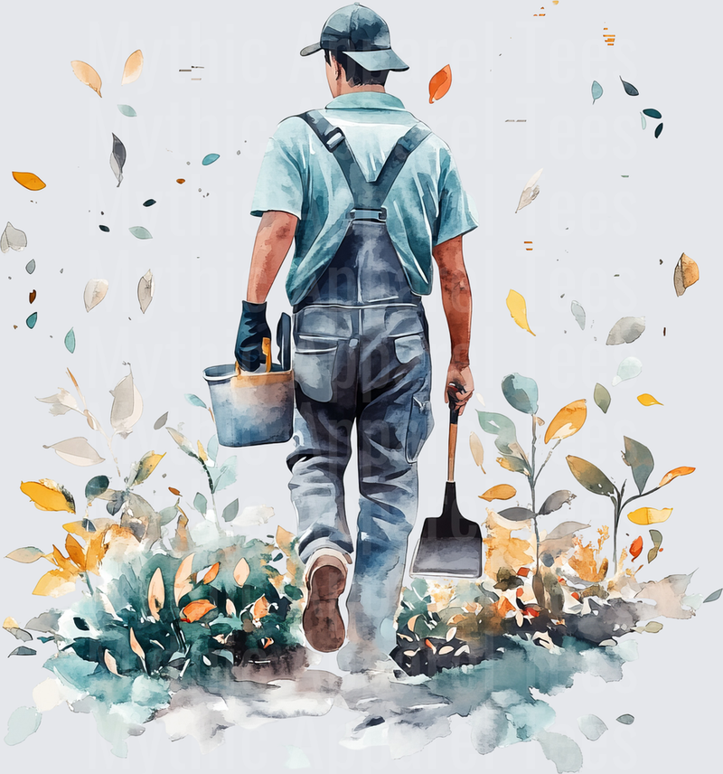 Watercolor Gardener Walking with Shovel and Bucket Through Colorful Autumn Foliage in Overalls and Cap