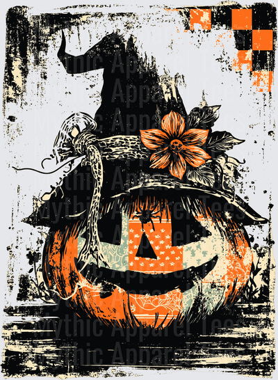 Distressed Halloween Jack-O-Lantern Wearing Witch Hat with Orange Floral Accent and Leopard Print Ribbon Grunge Vintage Design