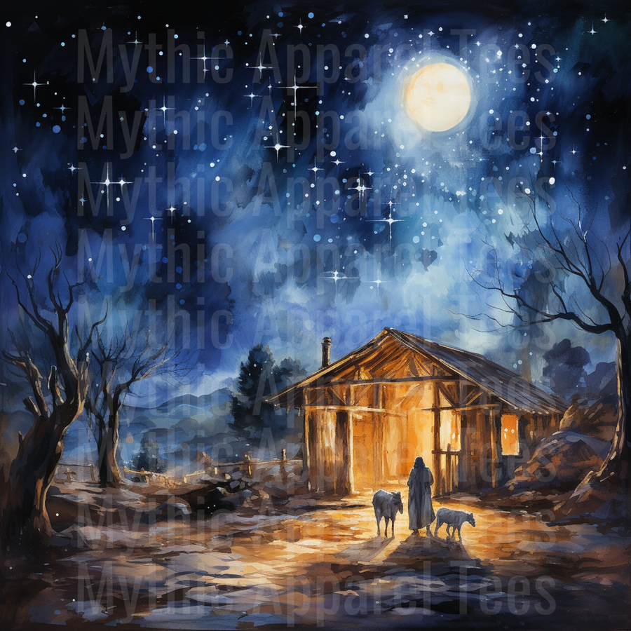 Nativity Scene Watercolor Stable Moonlit Starry Night Sky