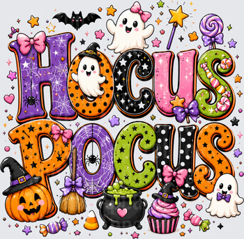 Hocus Pocus Cute Kawaii Halloween Letters with Ghosts Pumpkin Witch Hat Cauldron Broom Candy Bows and Stars Colorful Spooky Design
