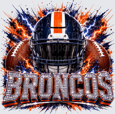 Rhinestone Style NFL Broncos Navy Blue and Orange Football Helmet Lightning Bolt Paint Splash Bling Lettering
