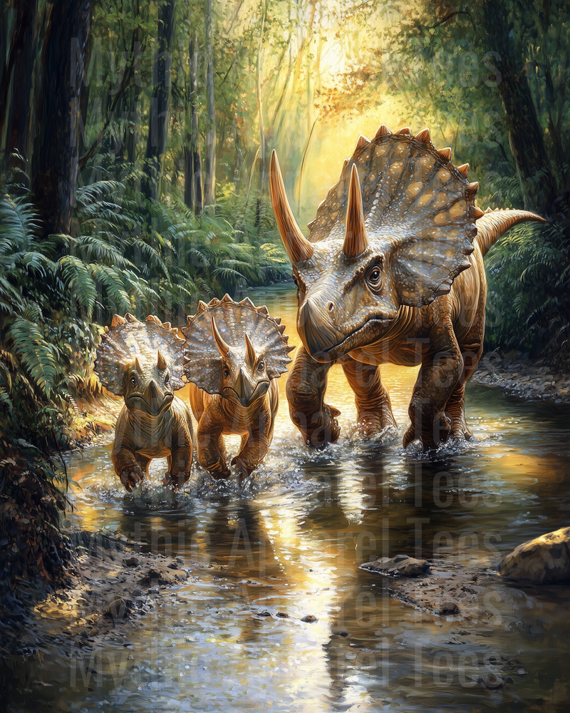 Triceratops Family Wading Through Sunlit Prehistoric Jungle Stream