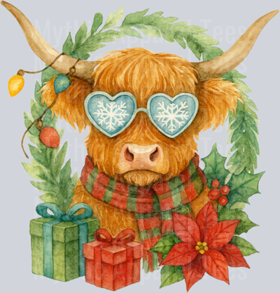 Highland Cow Christmas Wreath & Heart Glasses Watercolor Sweatshirt