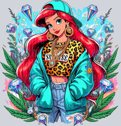 Ariel Blue Jacket Cheeta Print Jewels Smoking Weed DTF Weed Transfers